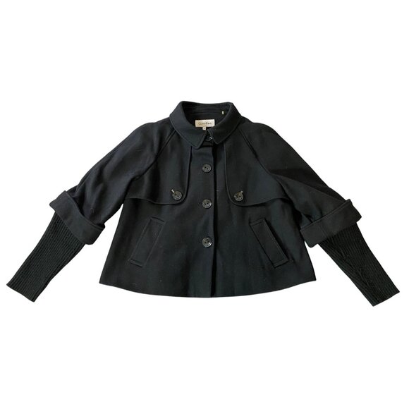 Calvin Klein Womens Black Wool-Blend Cropped Jacket With Knit Cuffs Size 14 - Picture 1 of 10